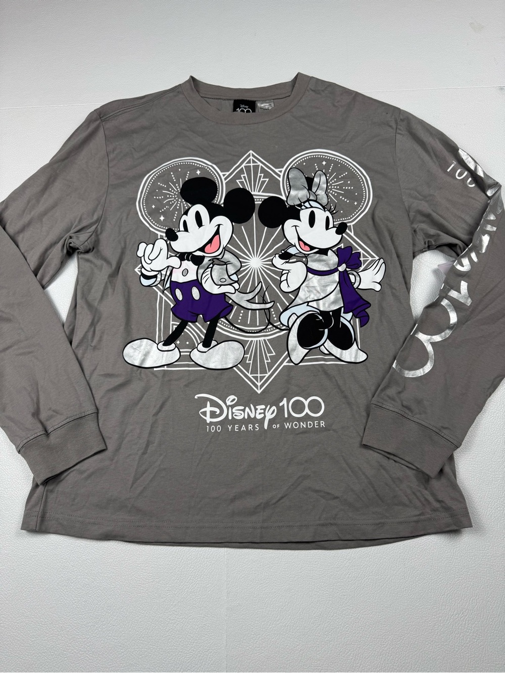 Disney 100 Years of Wonder Mickey Minnie Long Sleeve Shirt Gray M NWT